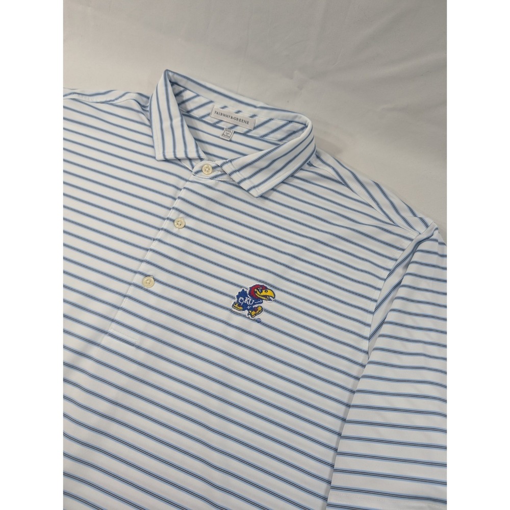 Fairway & Greene Polo Size XXL Kansas Jayhawks Blue White Striped Performance